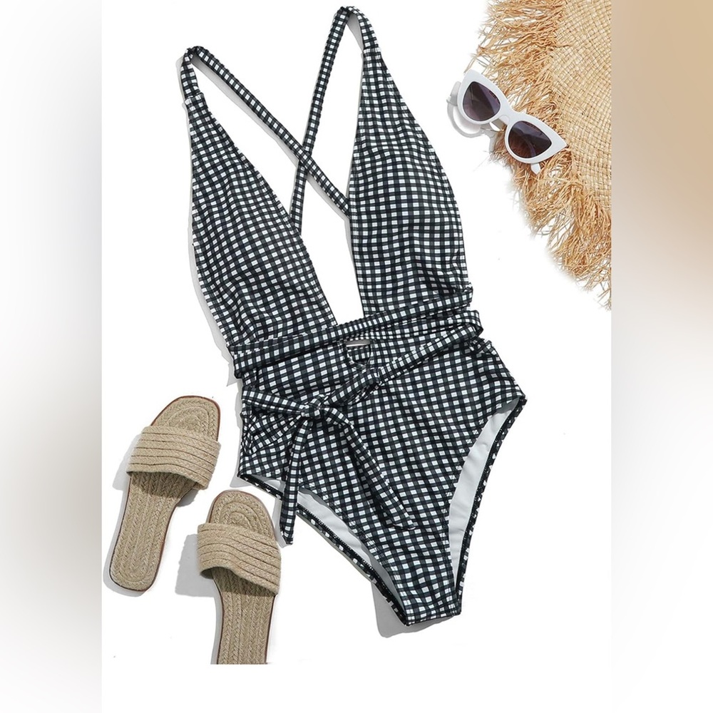Criss Cross Tie Knot Front Deep V One Piece Swimsuit Medium